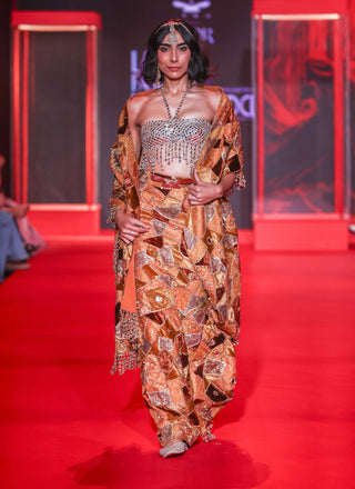 Agneya orange gold pre-draped sari set