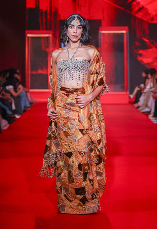 Agneya orange gold pre-draped sari set