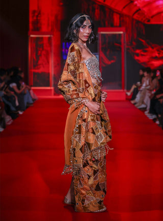 Agneya orange gold pre-draped sari set