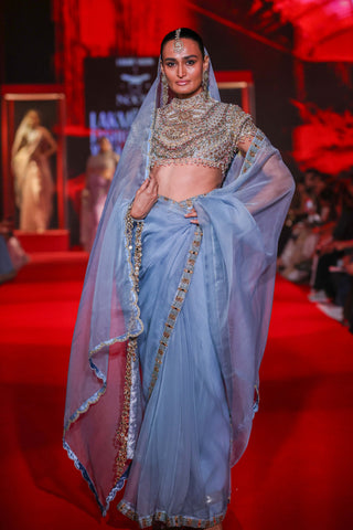 Neelambara powder blue organza sari set