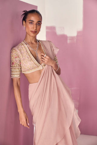 Ridhi Mehra-Eera Dusky Pink Draped Sari And Blouse-INDIASPOPUP.COM