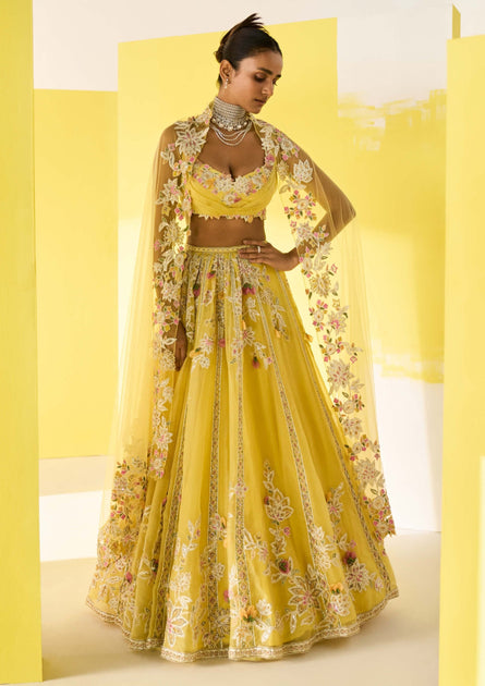 Ridhi Mehra | Lahya Yellow Embroidered Lehenga Set | INDIASPOPUP.COM