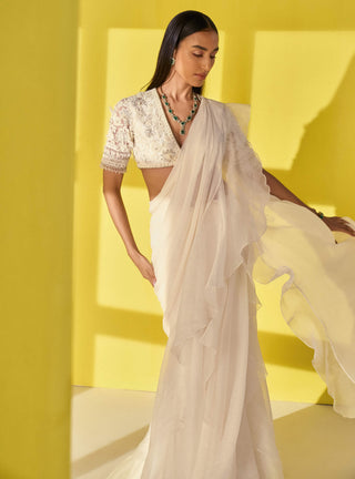 Ridhi Mehra-Jada Ivory Draped Ruffle Sari Set-INDIASPOPUP.COM