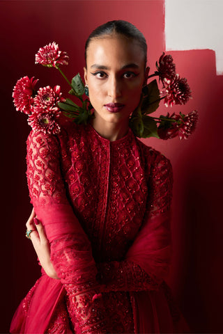 Ridhi Mehra-Red Eshrat Embroidered Peplum Gharara Set-INDIASPOPUP.COM