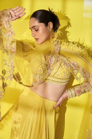 Ridhi Mehra-Basha Yellow Draped Sari Skirt Set-INDIASPOPUP.COM