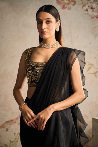 Ridhi Mehra-Muse Black Chiffon Draped Sari And Blouse-INDIASPOPUP.COM
