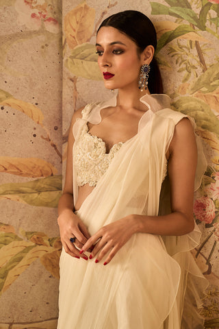Ridhi Mehra-Gravitas Ivory Chiffon Draped Sari Set-INDIASPOPUP.COM