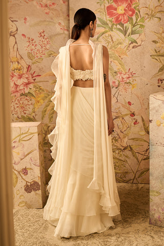 Ridhi Mehra-Gravitas Ivory Chiffon Draped Sari Set-INDIASPOPUP.COM