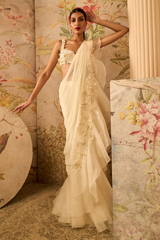 Ridhi Mehra-Dainty Ivory Draped Sari And Blouse-INDIASPOPUP.COM