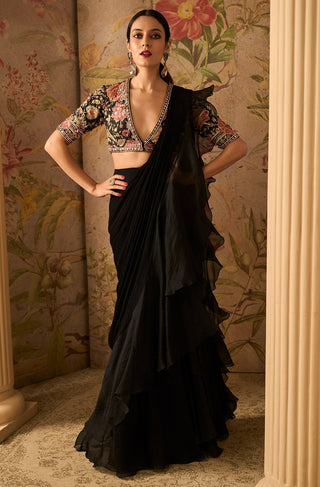 Ridhi Mehra-Glitz Black Draped Sari And Blouse-INDIASPOPUP.COM
