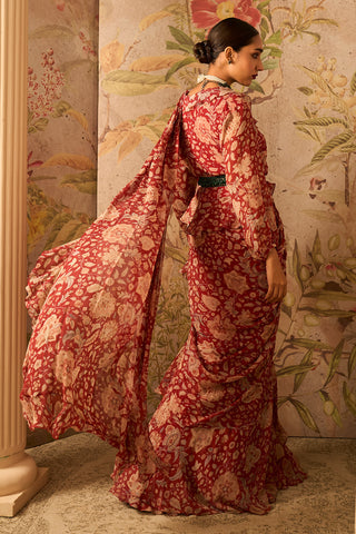 Ridhi Mehra-Regal Red Ochre Draped Sari And Jacket Set-INDIASPOPUP.COM