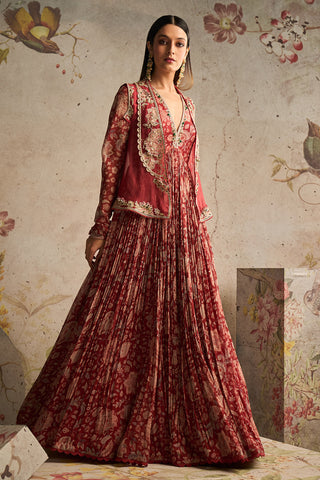 Ridhi Mehra-Dazzle Red Ochre Printed Anarkali And Jacket-INDIASPOPUP.COM