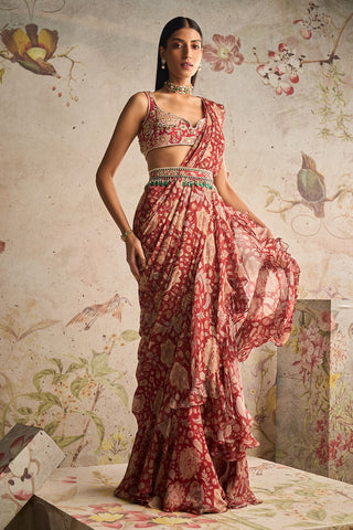 Ridhi Mehra-Glamour Red Printed Sari Set-INDIASPOPUP.COM
