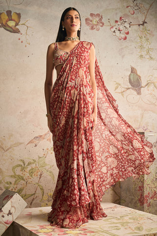 Ridhi Mehra-Retro Red Ochre Draped Ruffle Sari And Blouse-INDIASPOPUP.COM
