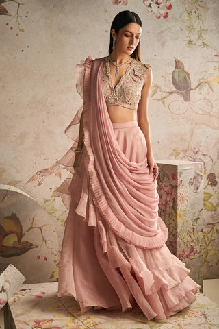 Ridhi Mehra-Femme Dusty Pink Drape Sharara Sari Set-INDIASPOPUP.COM