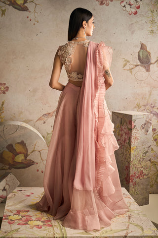 Ridhi Mehra-Femme Dusty Pink Drape Sharara Sari Set-INDIASPOPUP.COM