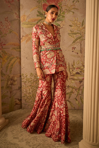 Ridhi Mehra-Icon Red Ochre Print Jacket And Flared Pants Set-INDIASPOPUP.COM
