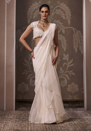 Ivory embroidered draped sari with blouse