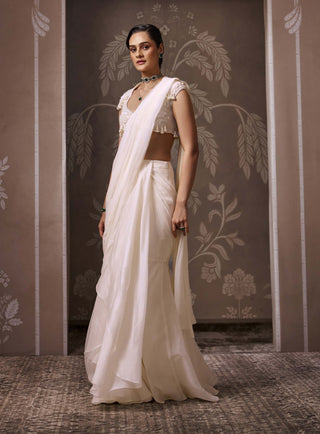 Ivory embroidered draped sari with blouse