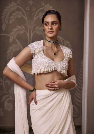 Ivory embroidered draped sari with blouse