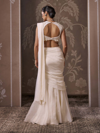 Ivory embroidered draped sari with blouse