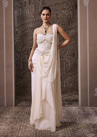 Ivory corset draped sari with corset