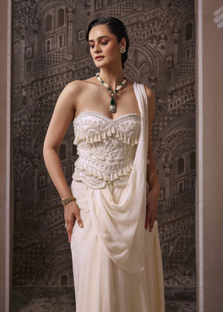 Ivory corset draped sari with corset
