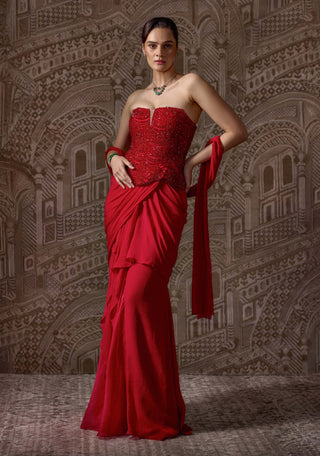 Red corset sari skirt set
