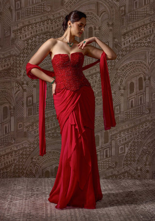 Red corset sari skirt set