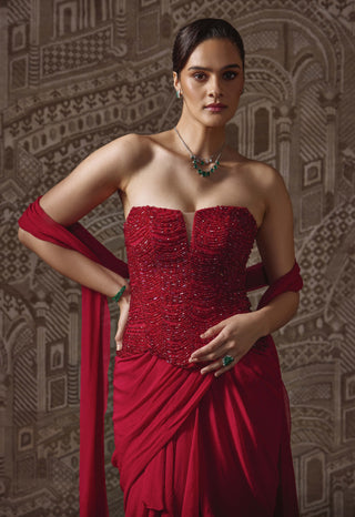 Red corset sari skirt set
