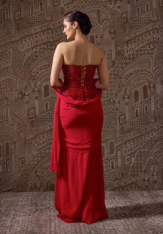 Red corset sari skirt set