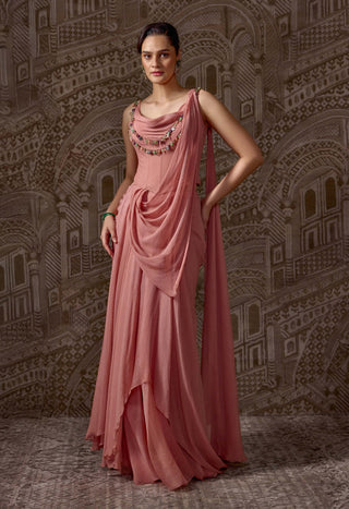 Peach jeweled draped sari with cowl corset