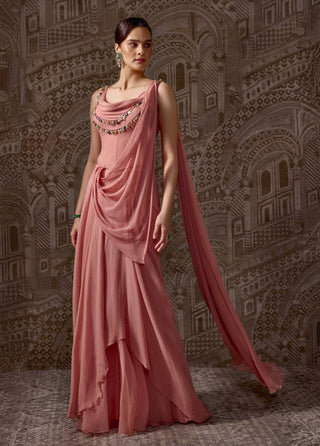 Peach jeweled draped sari with cowl corset
