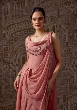 Peach jeweled draped sari with cowl corset