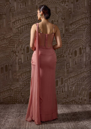 Peach jeweled draped sari with cowl corset