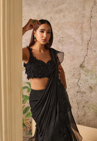 Ridhi Mehra-Dainty Black Ruffle Sari And Blouse-INDIASPOPUP.COM