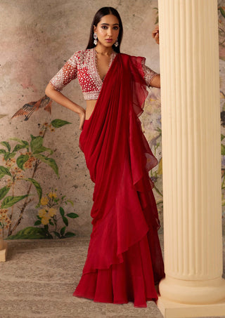 Ridhi Mehra-Belle Red Ochre Sari And Blouse-INDIASPOPUP.COM