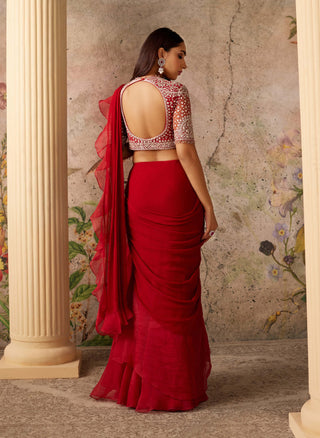Ridhi Mehra-Belle Red Ochre Sari And Blouse-INDIASPOPUP.COM