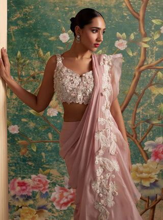Ridhi Mehra-Dainty Dusky Pink Sari And Blouse-INDIASPOPUP.COM