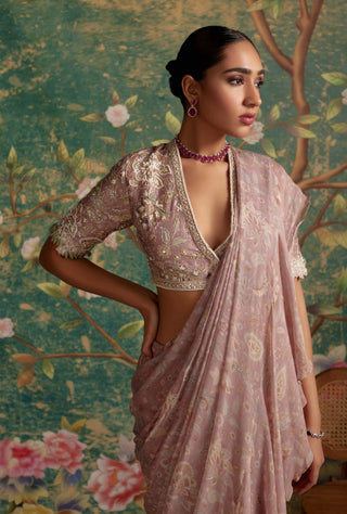 Ridhi Mehra-Flamboyance Dusky Pink Print Sari And Blouse-INDIASPOPUP.COM