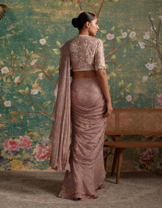 Ridhi Mehra-Flamboyance Dusky Pink Print Sari And Blouse-INDIASPOPUP.COM