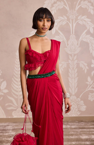 Red ruffle georgette sari set