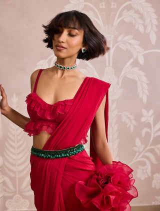 Red ruffle georgette sari set