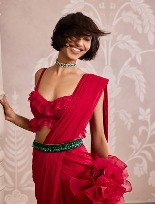 Red ruffle georgette sari set