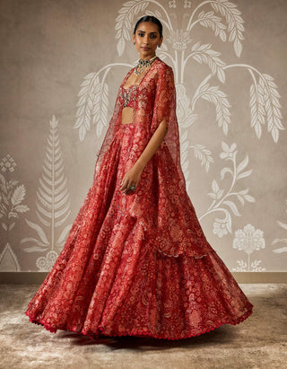 Ziba red printed lehenga and cape set