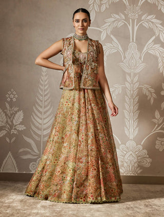 Zaral olive green printed lehenga and jacket set