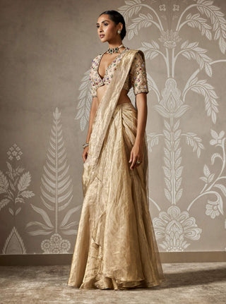 Nayantara light gold draped sari and blouse