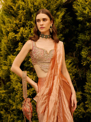 Fuchsia orange tissue sari with blouse