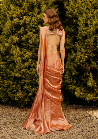 Fuchsia orange tissue sari with blouse