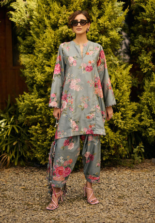 Powder blue floral kurta with pants